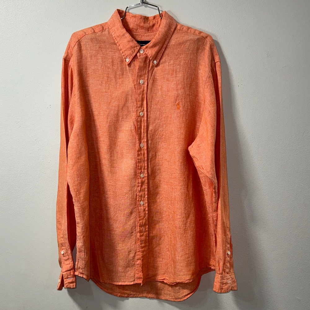 Ralph Lauren 100% Linen Orange Button-Down Shirt Long Sleeve 6005